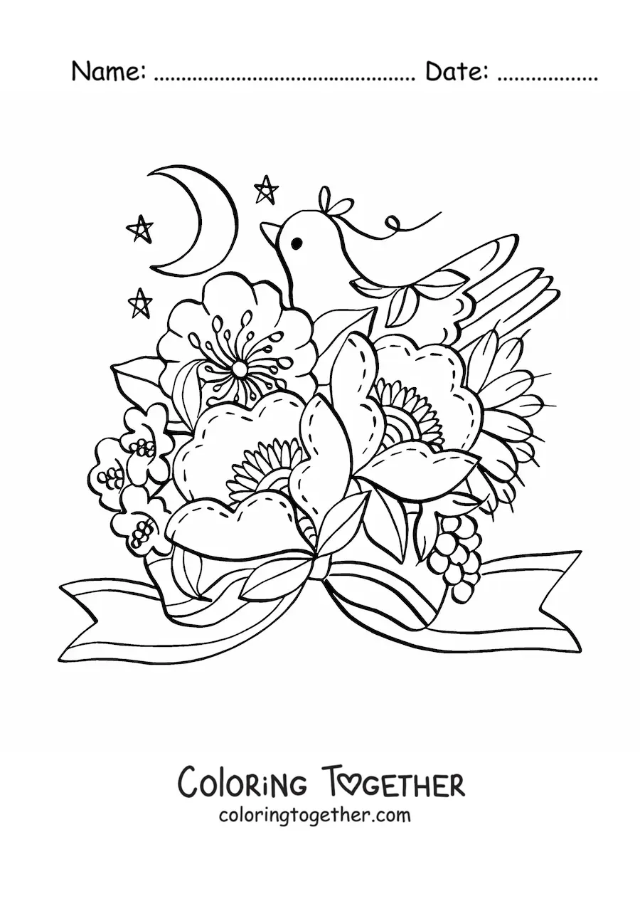Coloring page of beautiful flowers with a kawaii dove and the Moon