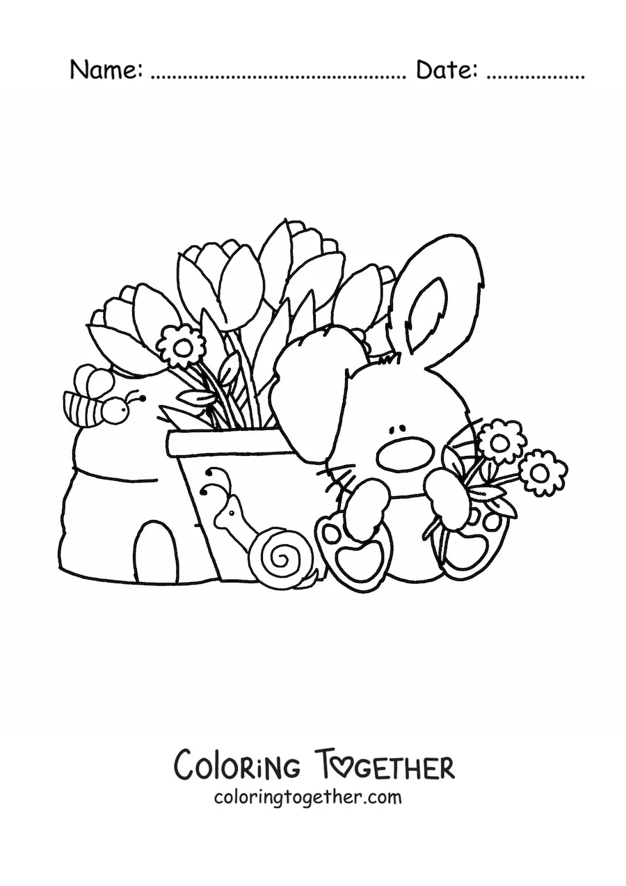 Coloring page of a cute kawaii rabbit with tulips and flowers