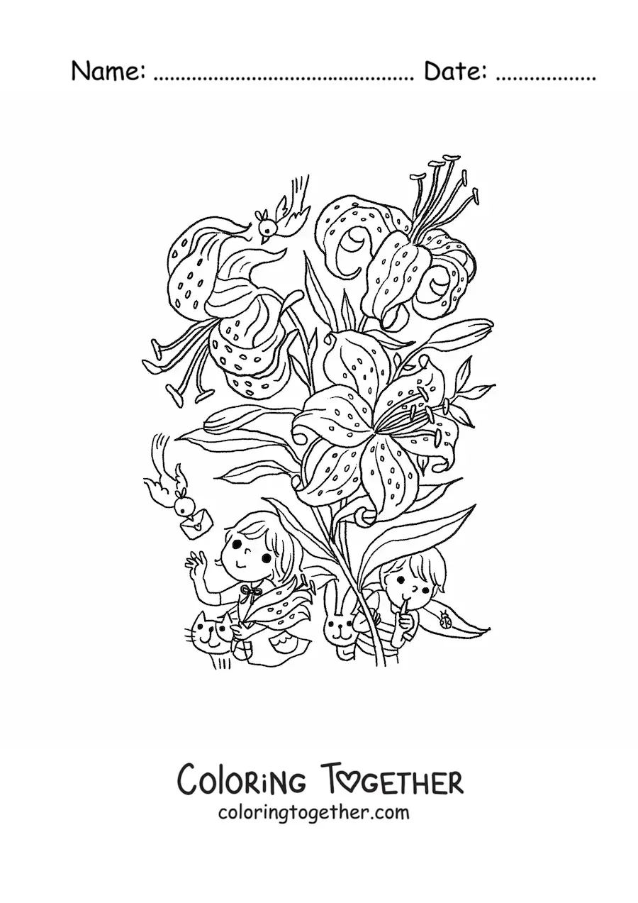Coloring page of lilies with kawaii children