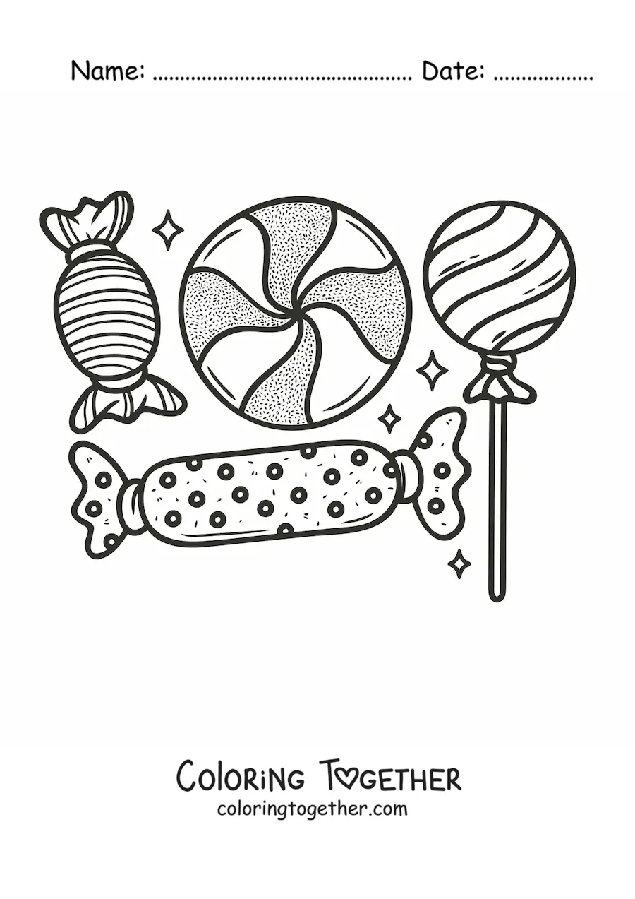Coloring page of a lollipop and wrapped candies