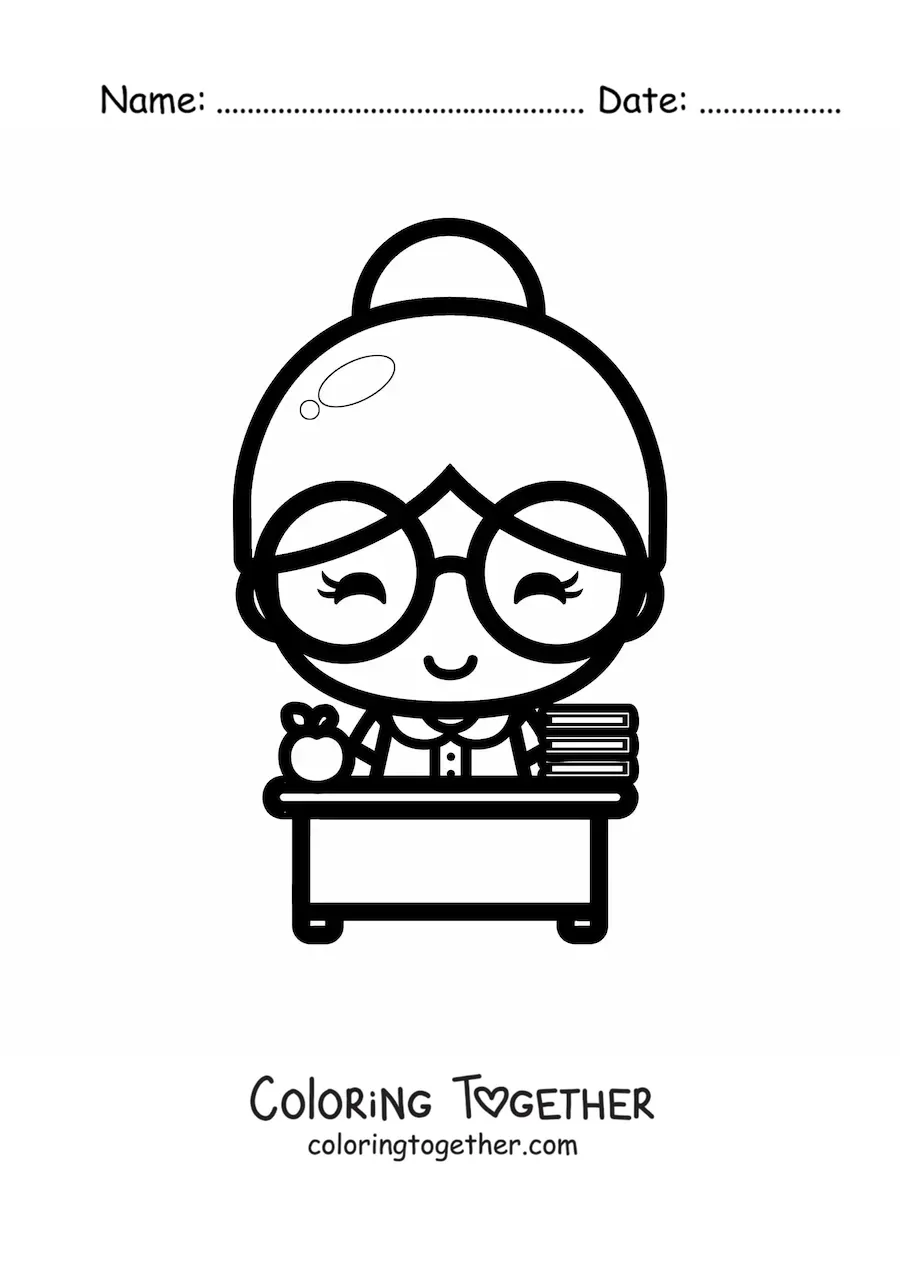 Coloring page of a kawaii teacher at her desk with an apple