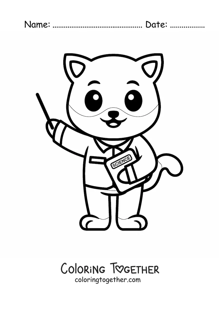 Coloring page of a kawaii scientist cat