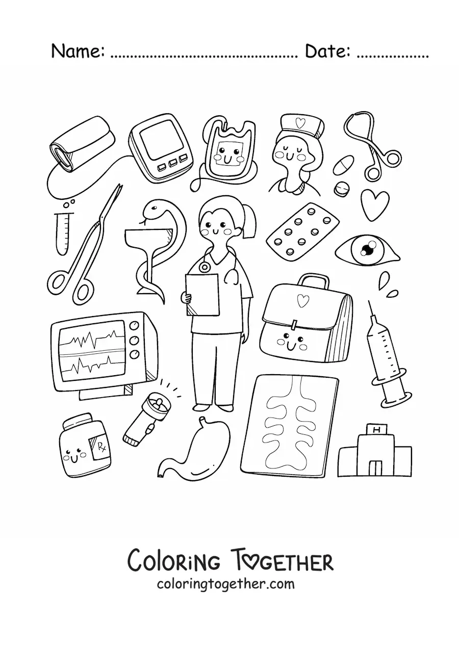 Coloring page of a kawaii woman doctor with cute things