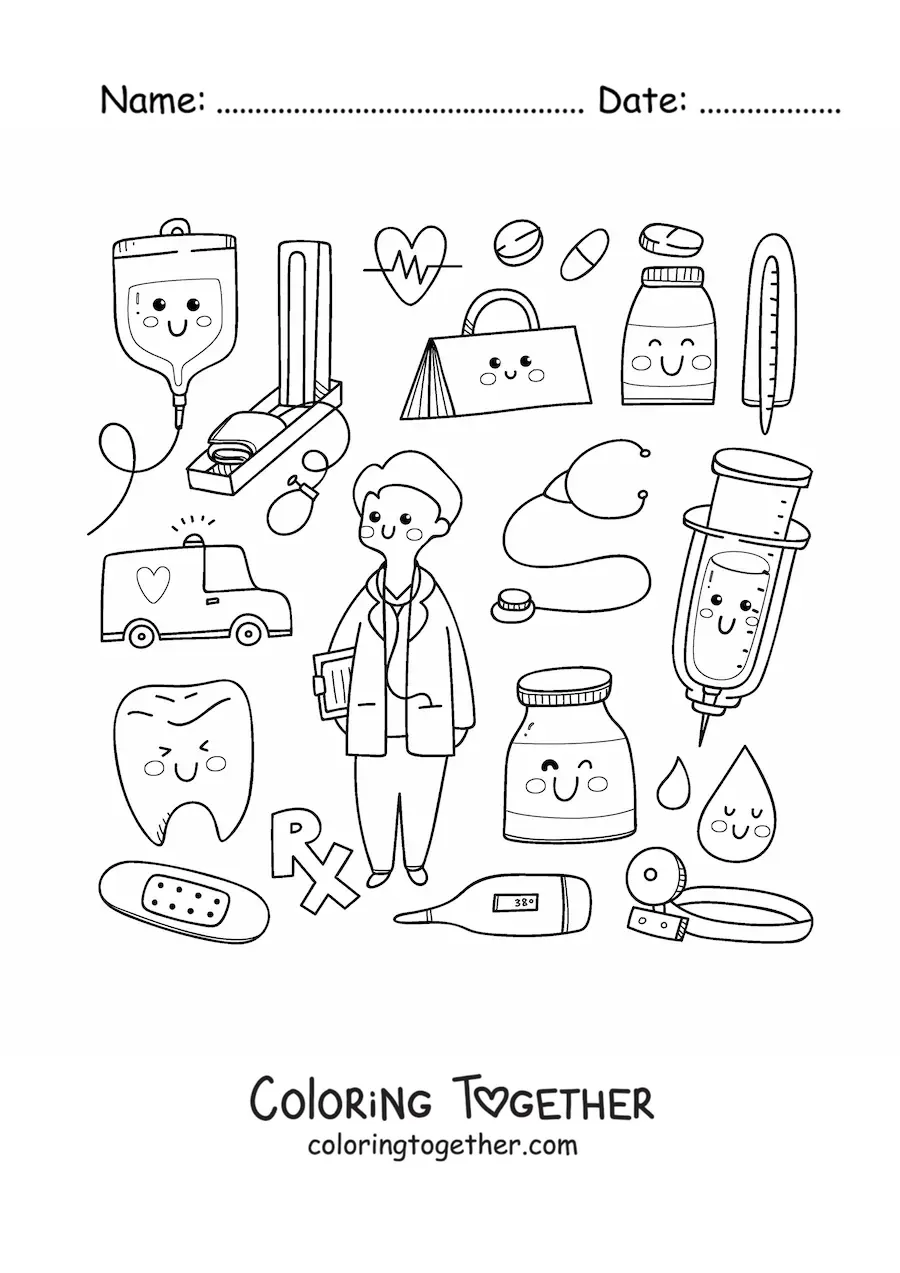 Coloring page of a kawaii doctor with cute things