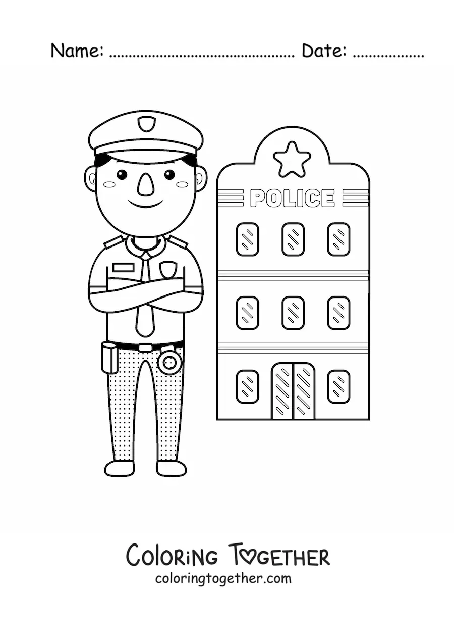 Coloring page of a kawaii police officer in front of the station