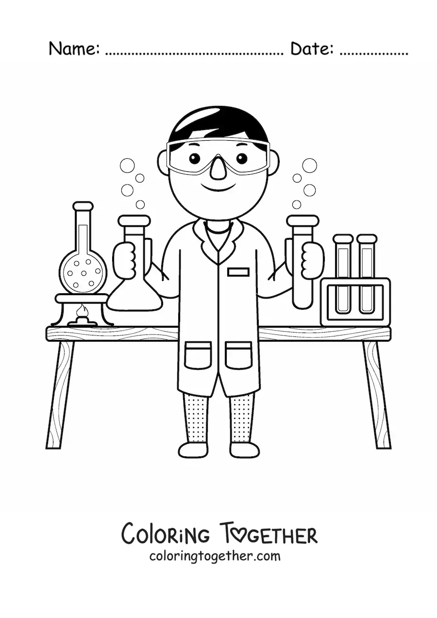 Coloring page of a kawaii scientist in his laboratory