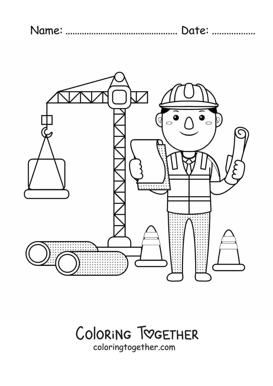 Coloring page of a kawaii civil engineer next to a crane at the construction site