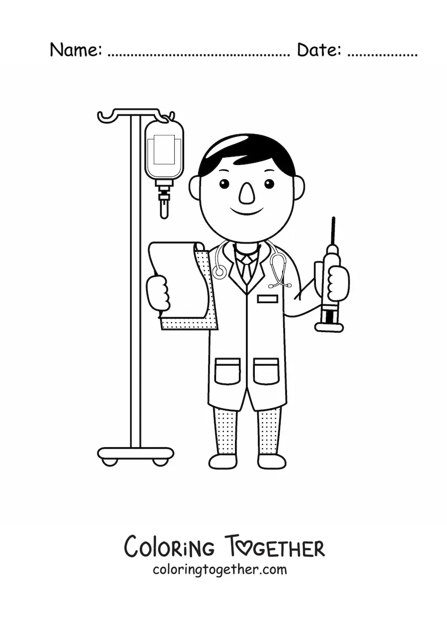Coloring page of a kawaii doctor with a syringe