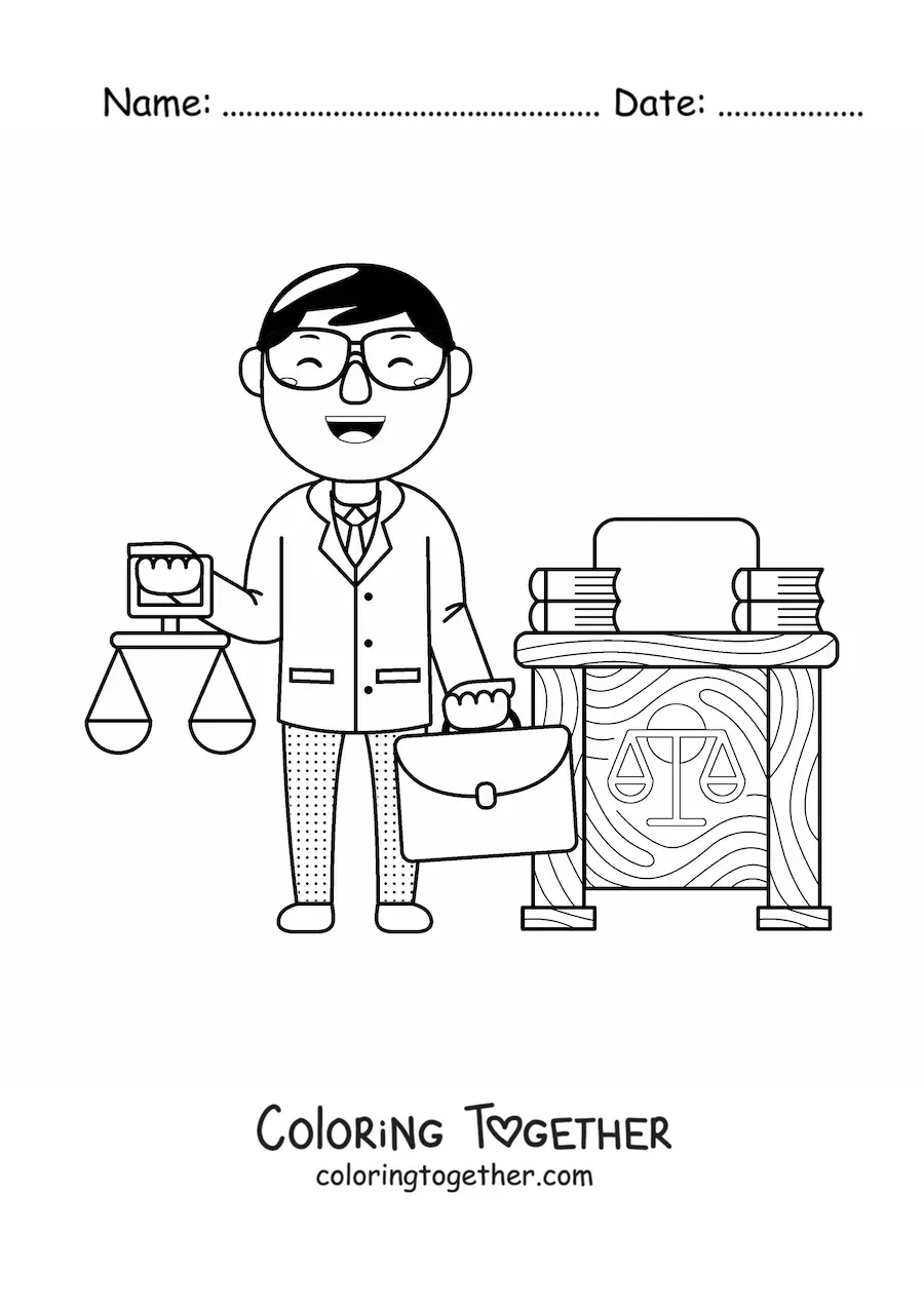Coloring page of a kawaii lawyer with scales and a briefcase in his office