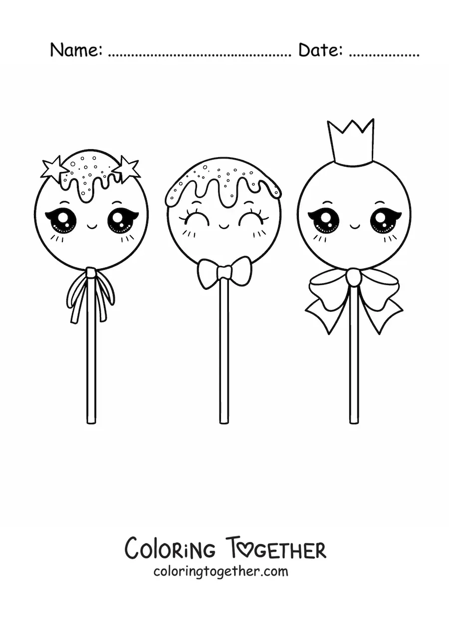 Coloring page of three kawaii lollipops with bows and a crown