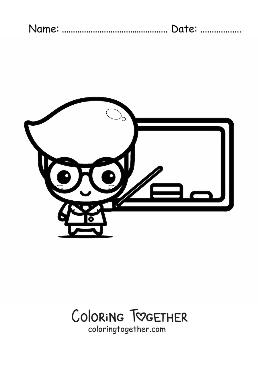 Coloring page of a kawaii teacher giving class in front of the blackboard