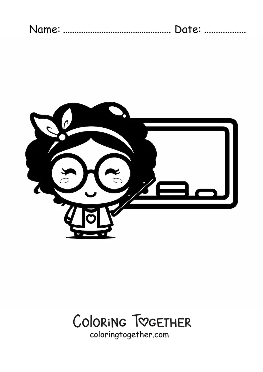 Coloring page of a kawaii woman teacher giving class in front of the blackboard