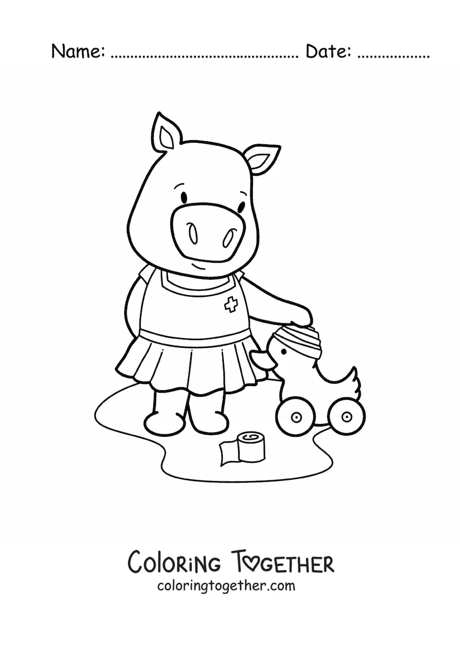 Coloring page of a cute kawaii piglet girl playing nurse