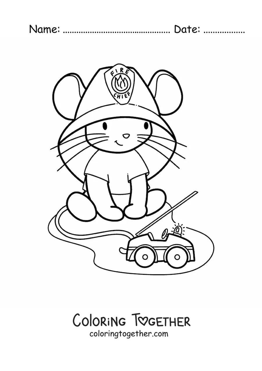 Coloring page of a cute kawaii mouse girl playing firefighter