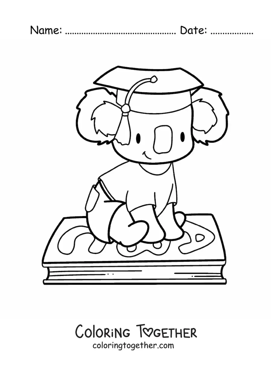 Coloring page of a cute kawaii koala with a graduation cap sitting on a book