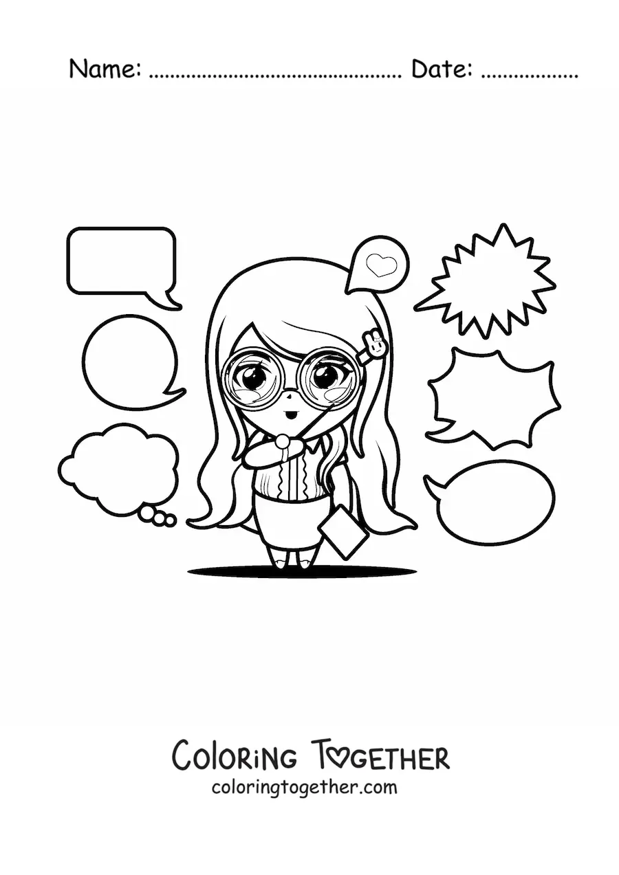 Coloring page of a kawaii teacher giving class