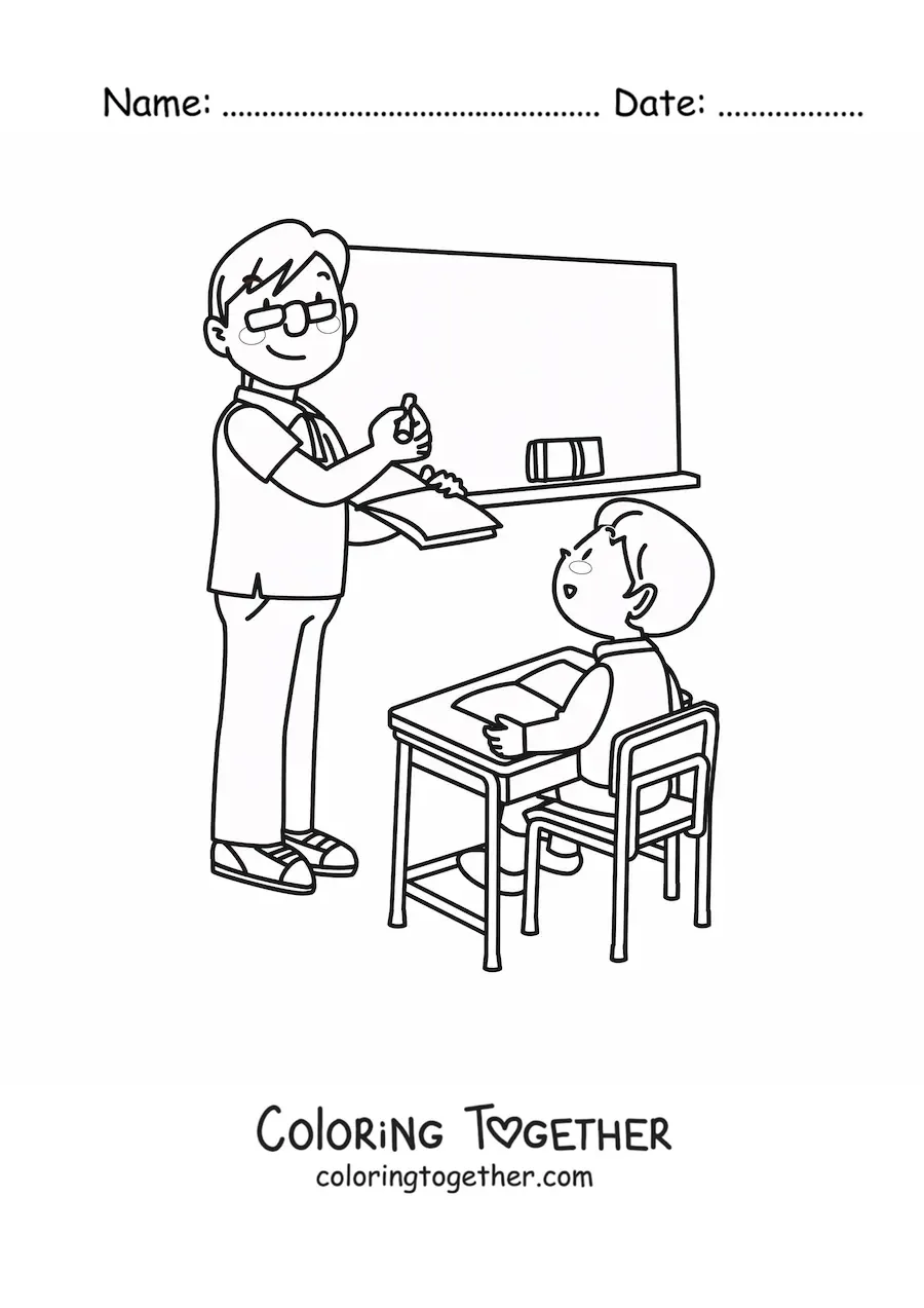 Coloring page of a teacher and student