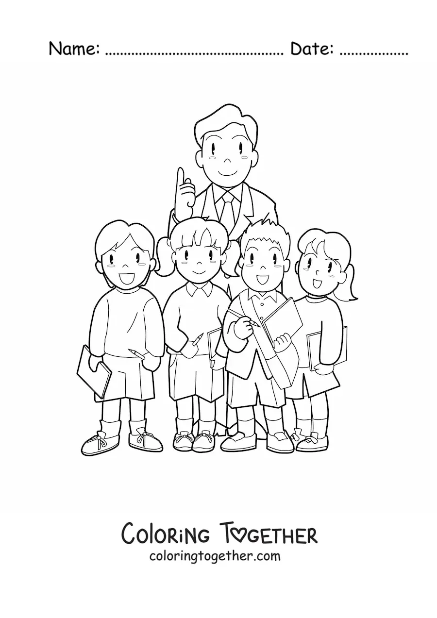 Coloring page of a teacher and primary school students