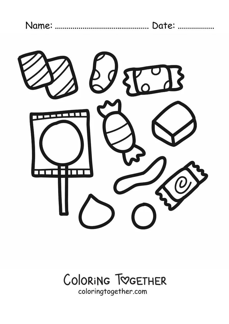 Coloring page of several lollipops and wrapped candies