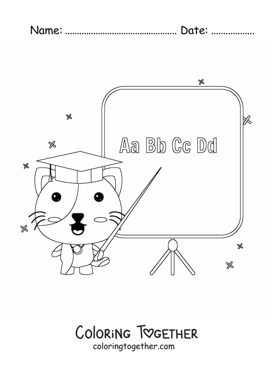 Coloring page of a cute cat teacher