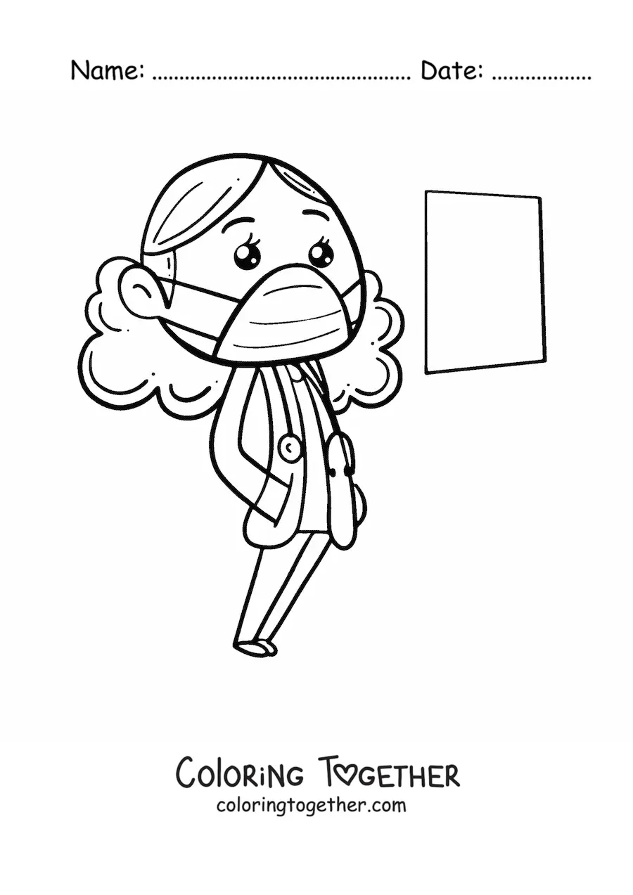 Coloring page of a kawaii woman doctor with a face mask