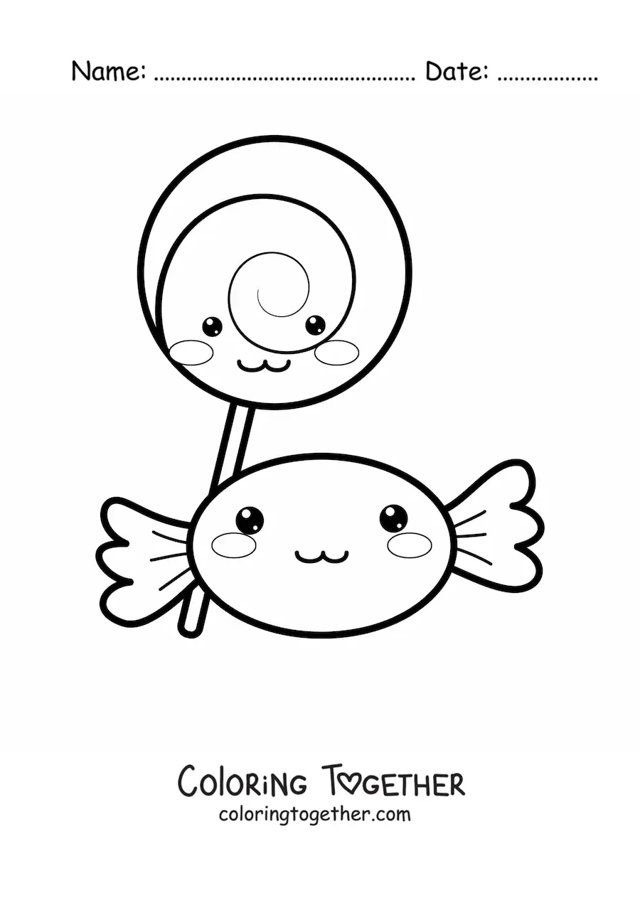 Coloring page of a kawaii spiral lollipop and a candy