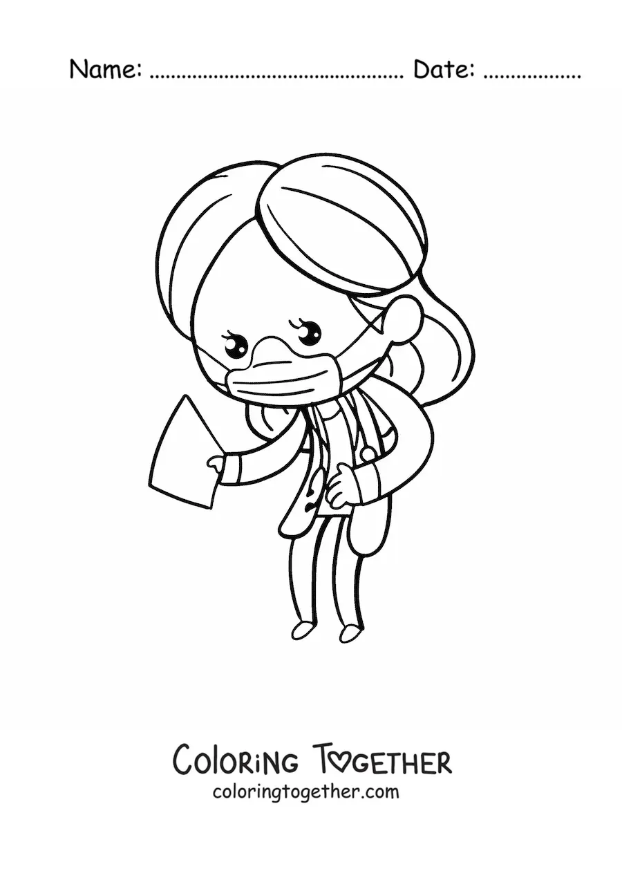 Coloring page of a kawaii woman doctor with a face mask