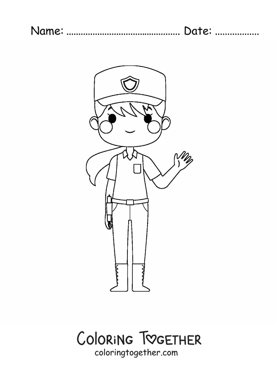 Coloring page of a kawaii woman police officer