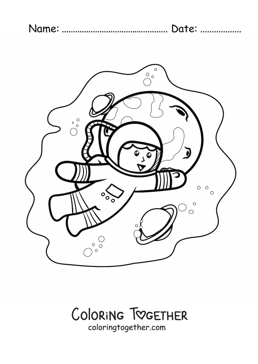 Coloring page of a kawaii astronaut in space
