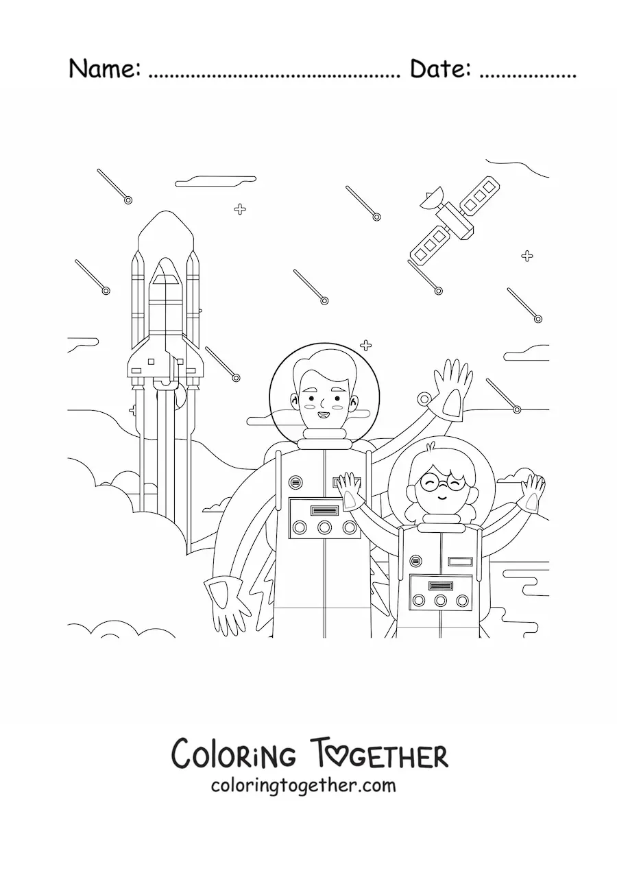 Coloring page of an astronaut girl with a rocket taking off