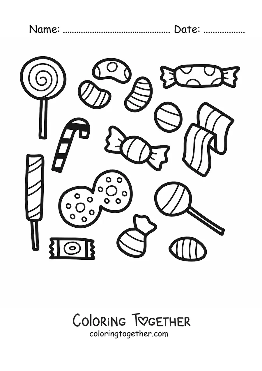 Coloring page of several lollipops and wrapped candies