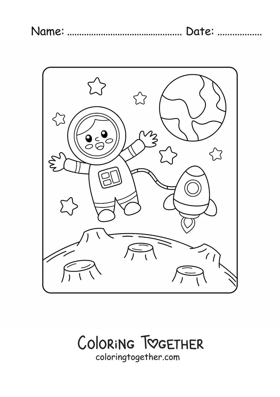 Coloring page of a cute astronaut on the Moon