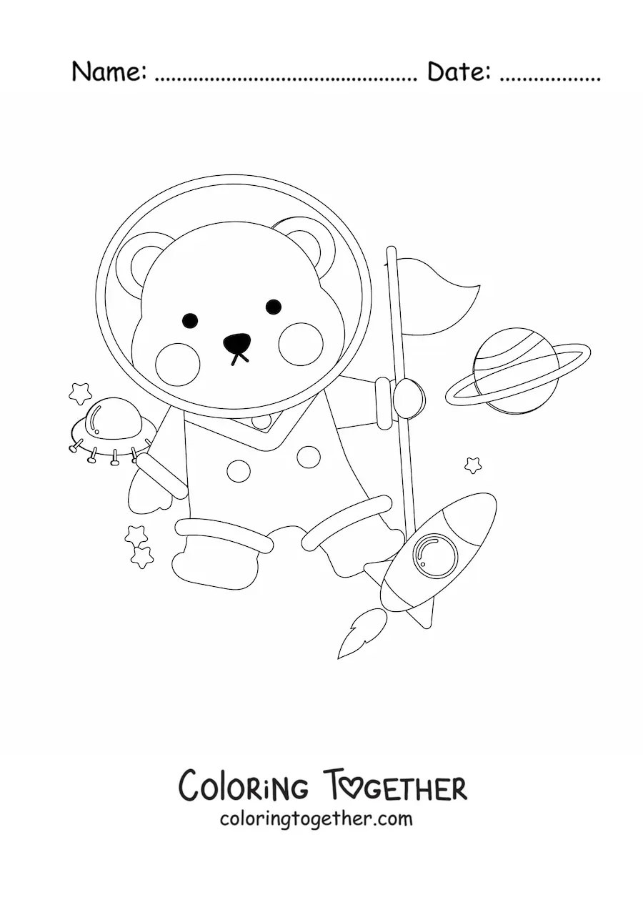 Coloring page of a cute astronaut bear in space