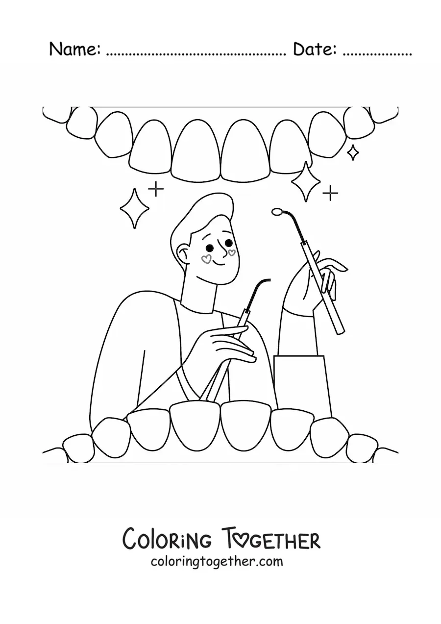 Coloring page of a dentist examining a patient