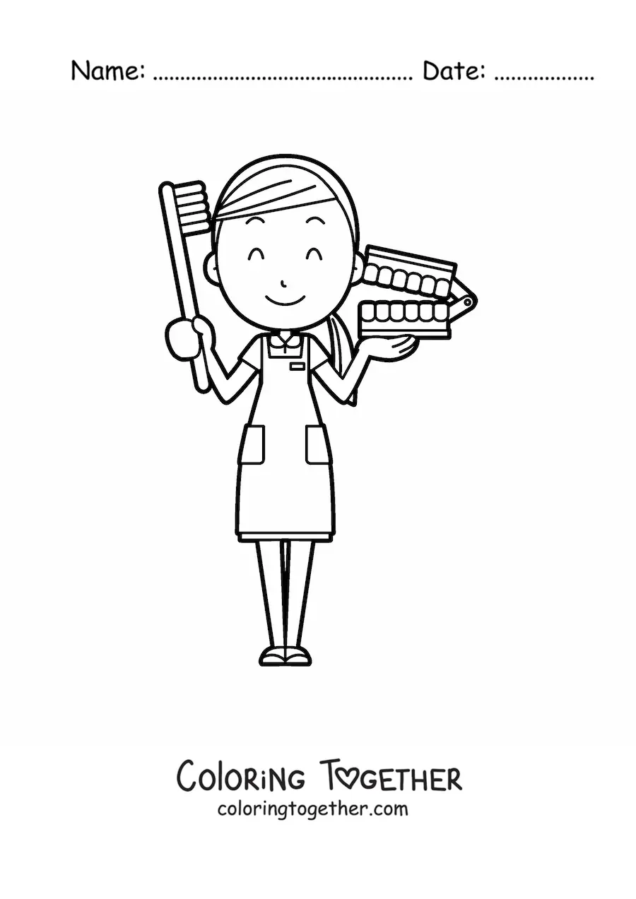 Coloring page of a cute woman dentist with dentures and a toothbrush
