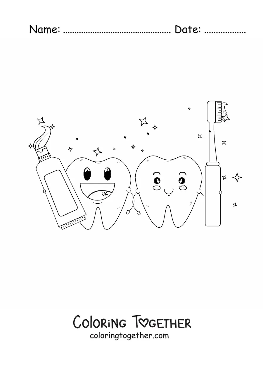 Coloring page of kawaii teeth with a toothbrush and toothpaste