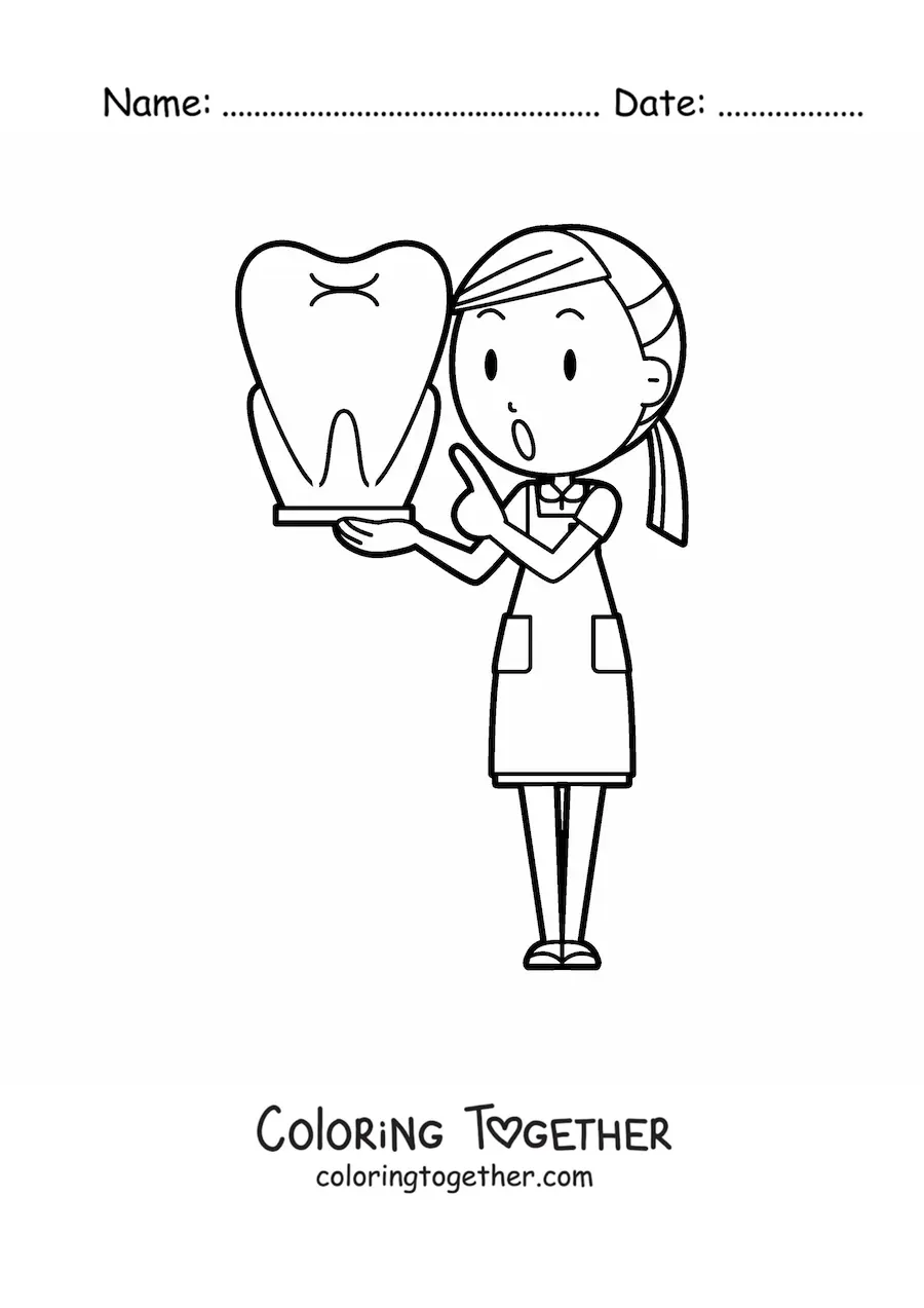 Coloring page of a woman dentist and a tooth