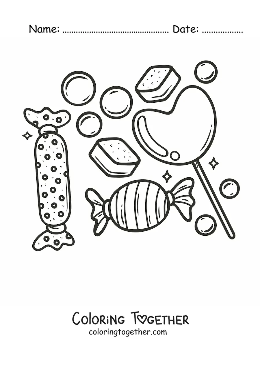 Coloring page of a heart-shaped lollipop, cookies, and candies