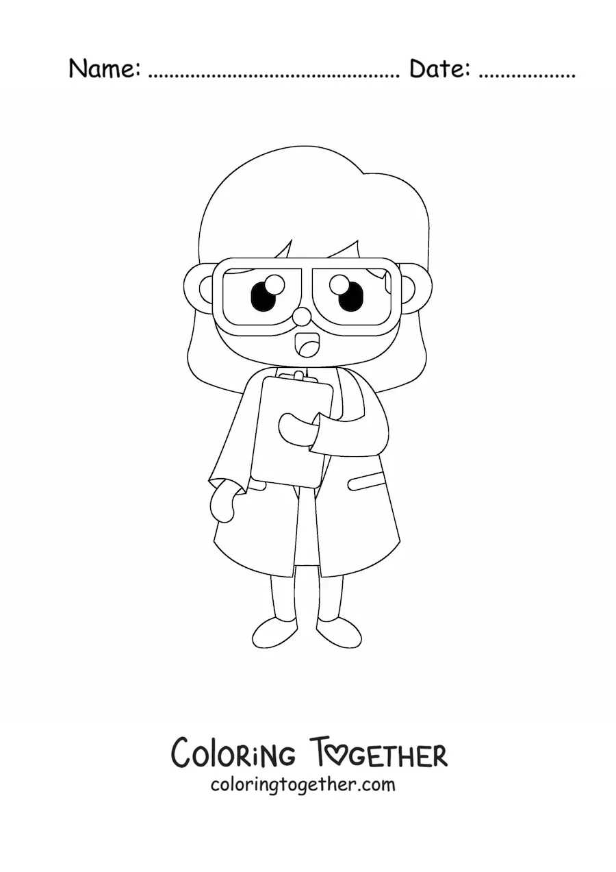 Coloring page of a kawaii woman scientist