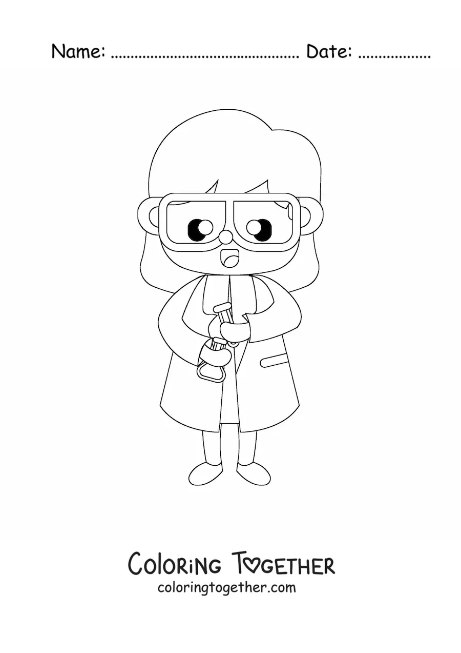 Coloring page of a kawaii woman scientist mixing chemicals