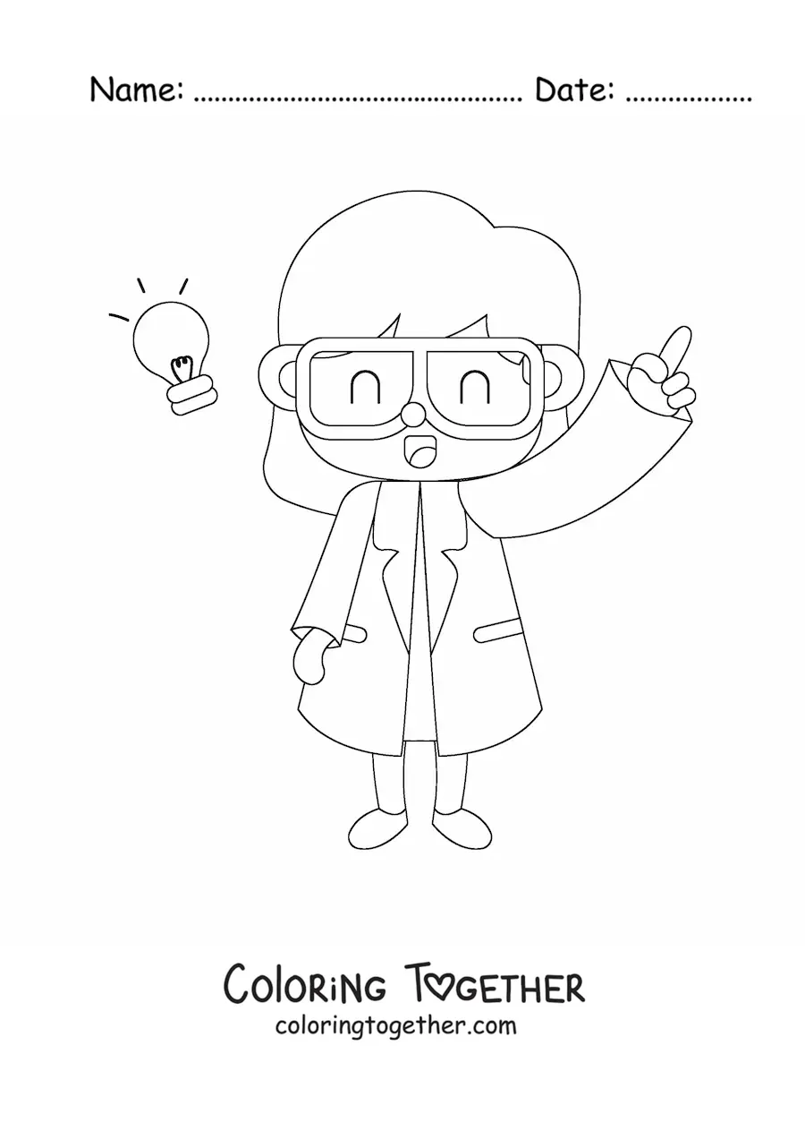 Coloring page of a kawaii woman scientist having an idea