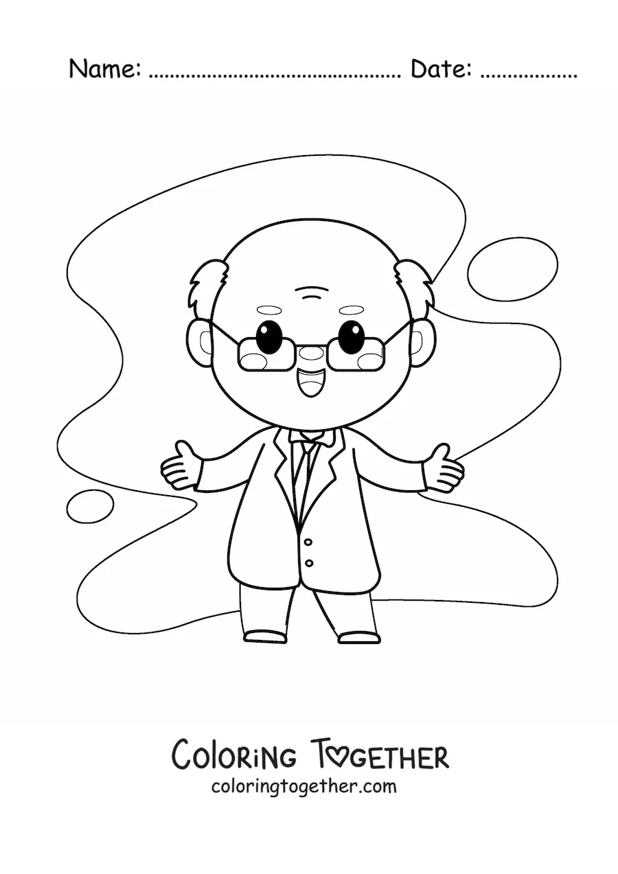 Coloring page of a kawaii scientist in a lab coat