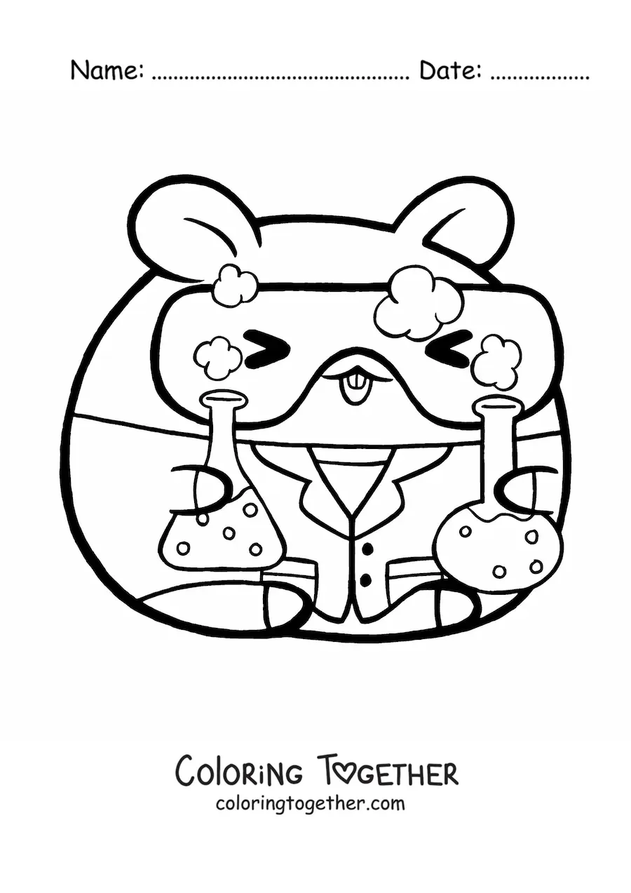 Coloring page of a cute kawaii hamster scientist with chemicals and safety goggles