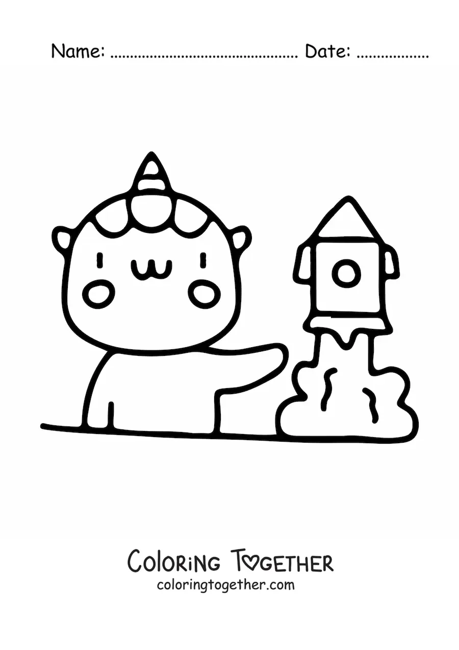 Coloring page of a kawaii unicorn studying a rocket