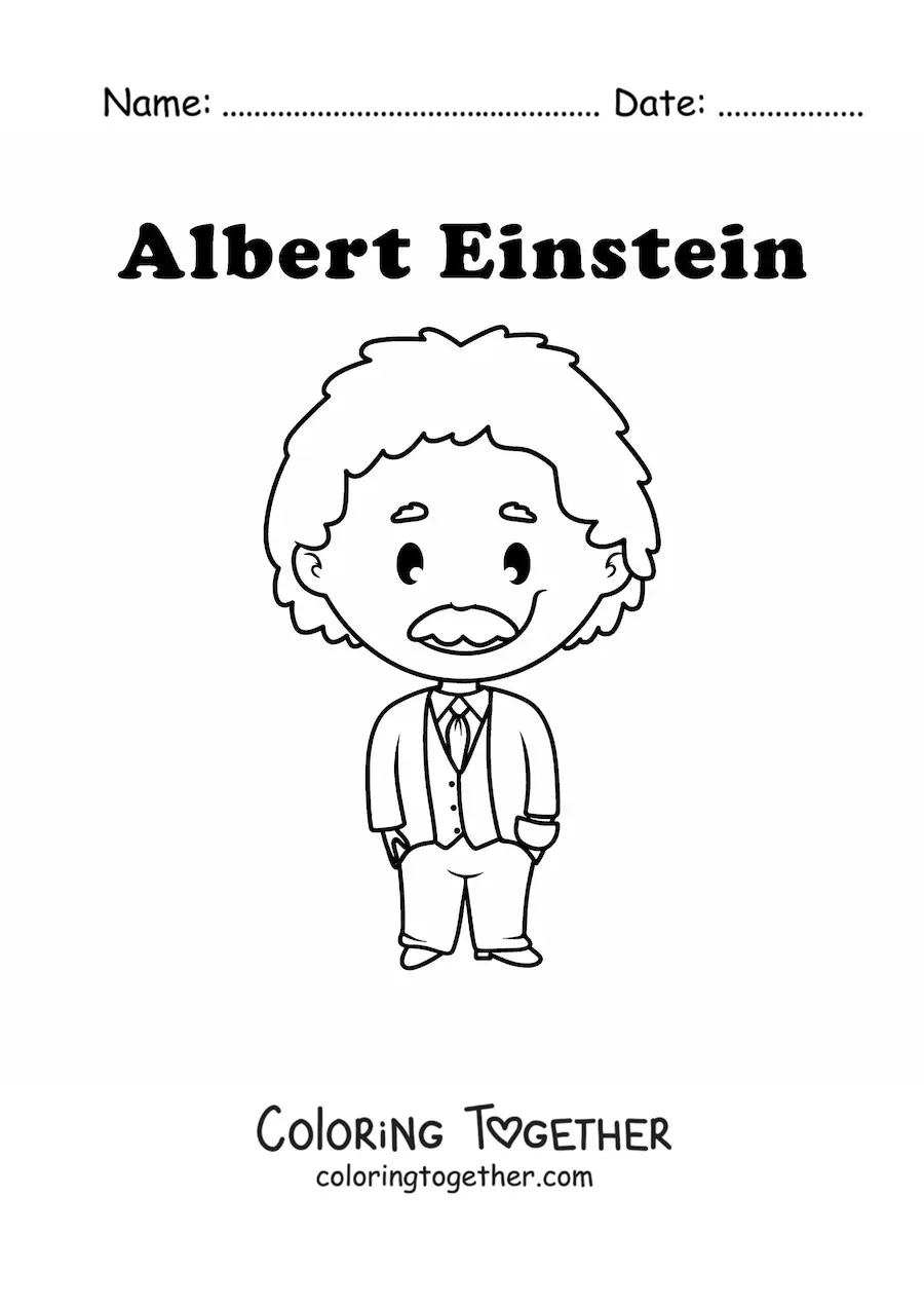 Coloring page of a kawaii Albert Einstein