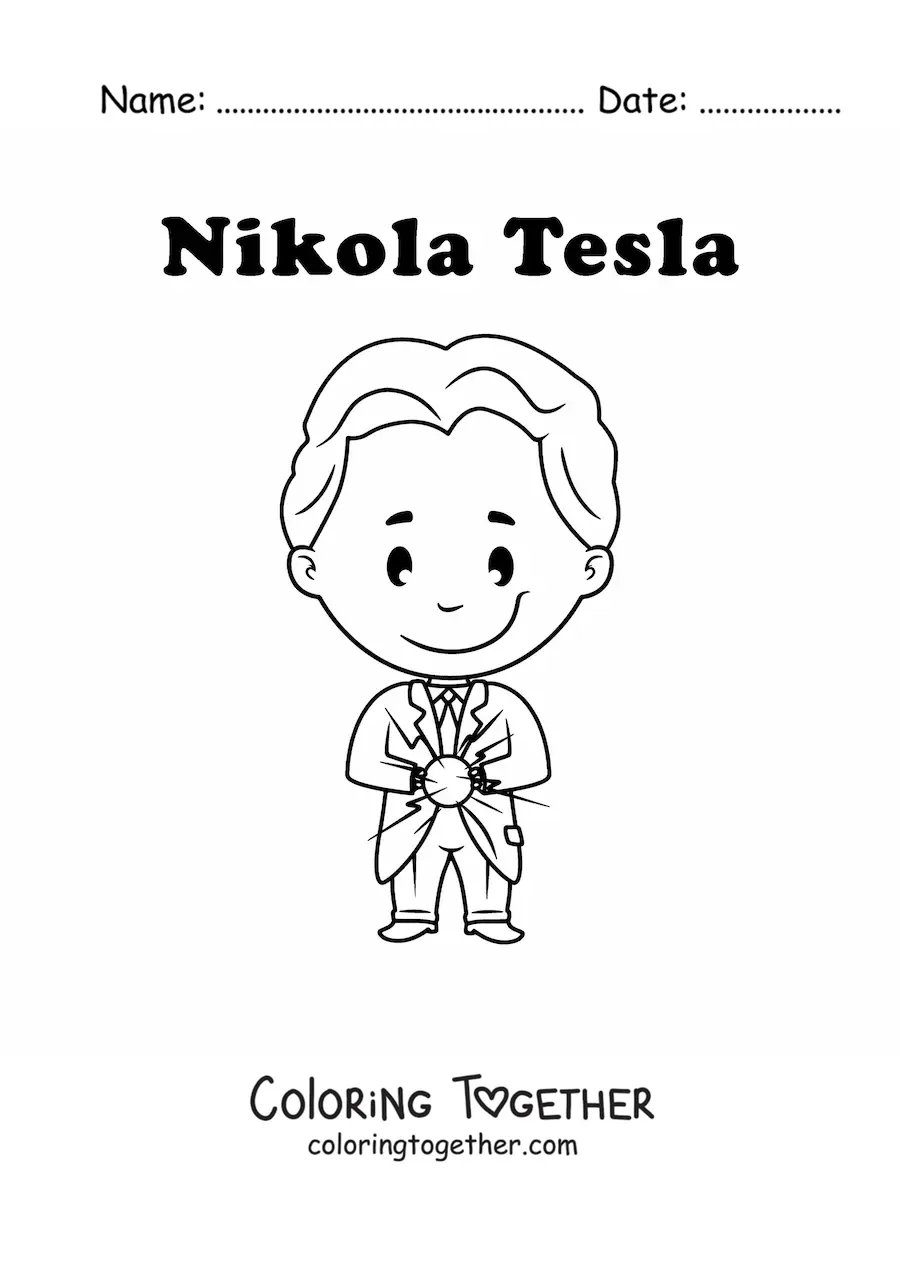 Coloring page of a kawaii Nikola Tesla