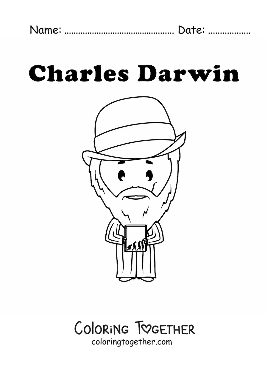 Coloring page of a kawaii Charles Darwin