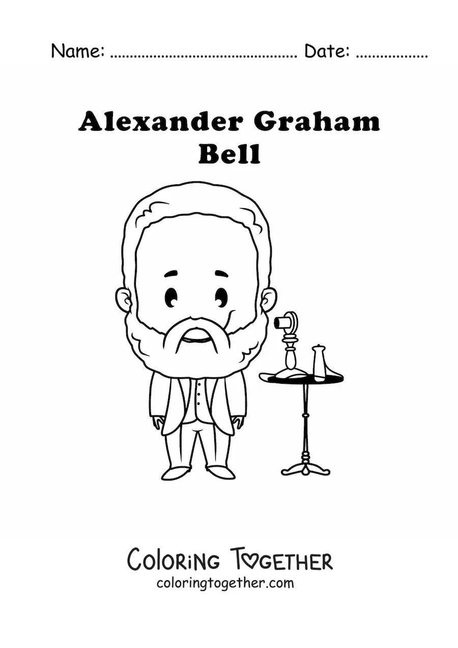 Coloring page of a kawaii Alexander Graham Bell