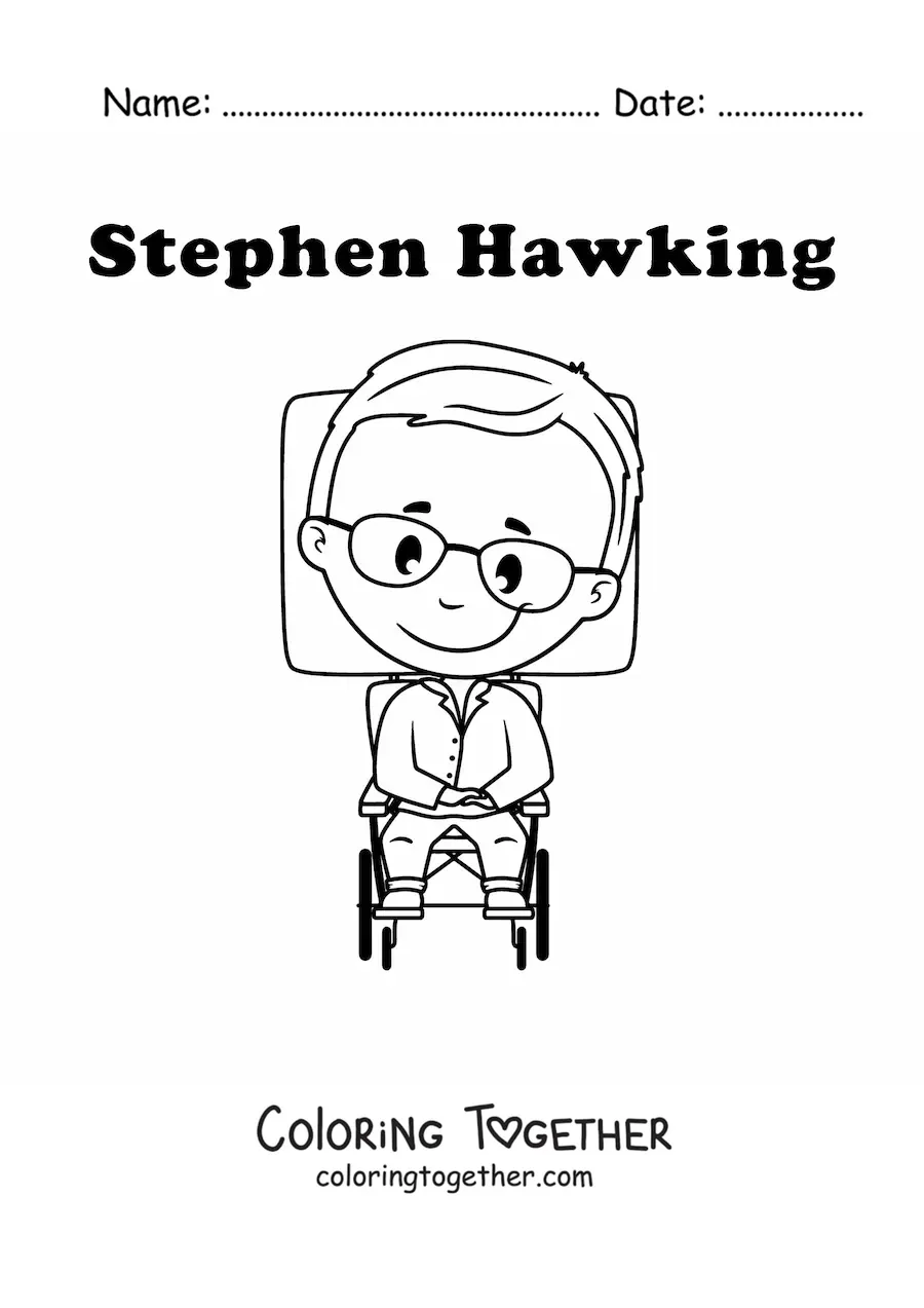 Coloring page of a kawaii Stephen Hawking