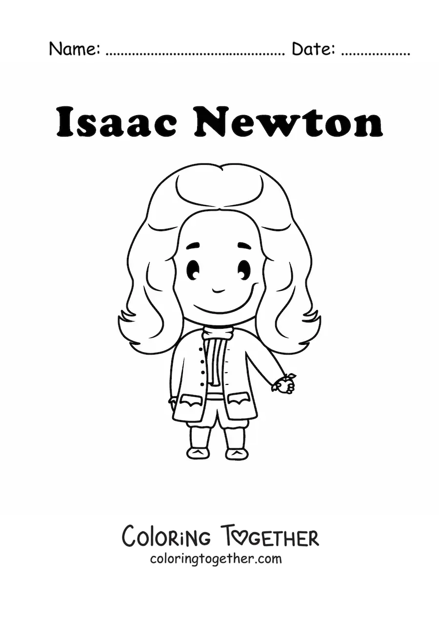 Coloring page of a kawaii Isaac Newton